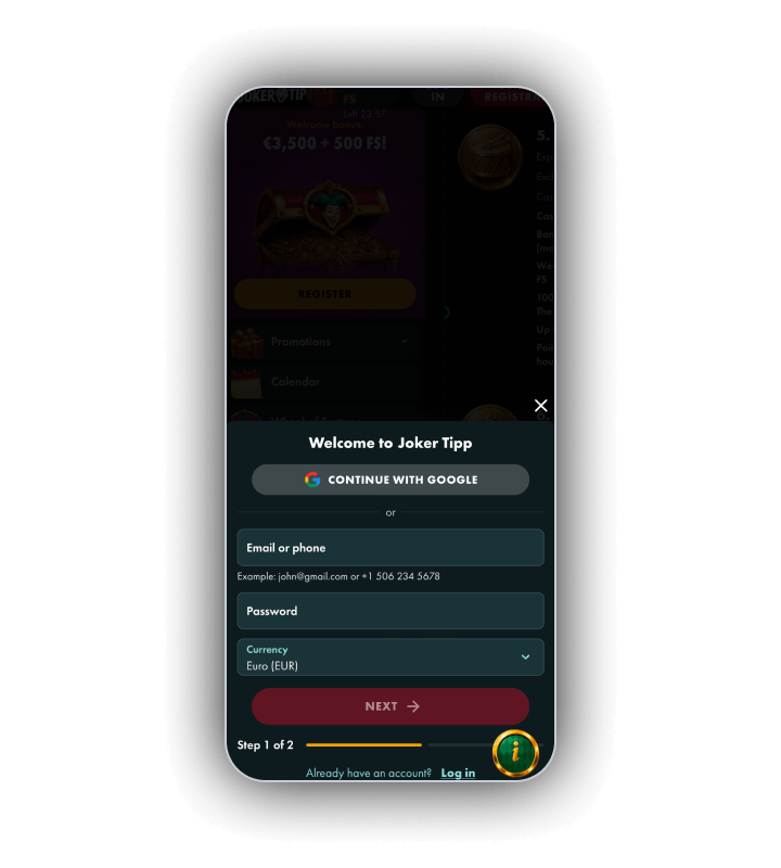 Jokertipp registration form with the account details a new player provides